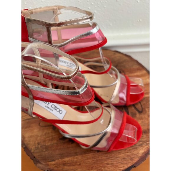JIMMY CHOO Lang lance Patent Leather Red Strappy Sandal Heels 39.5-9 - Picture 6 of 13